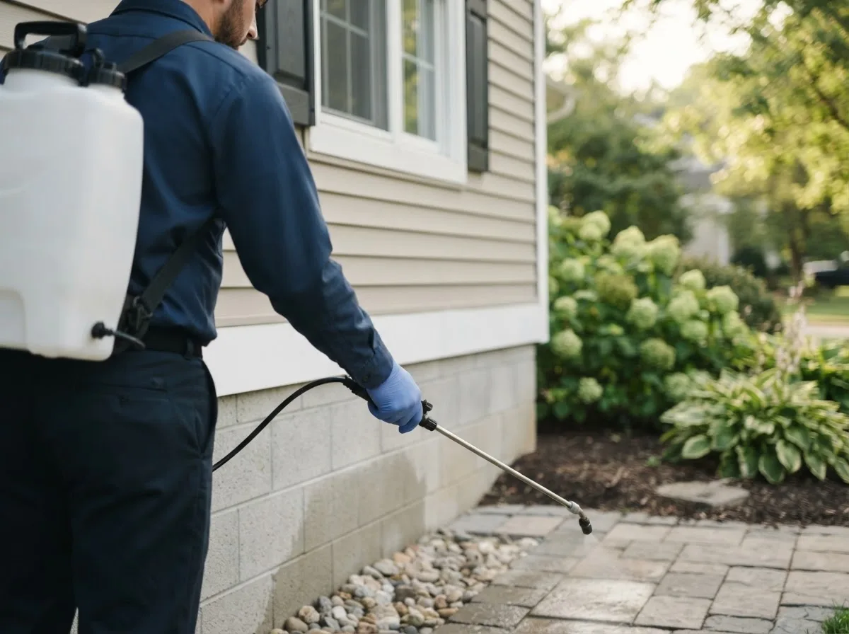 Pest control technician inspecting a home in Bloomingdale, MI